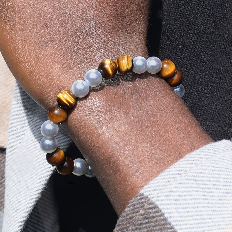 Tiger Eye Stone Black Onyx Pearl Stretch Bracelet With Street Luxury Shine - Image 3