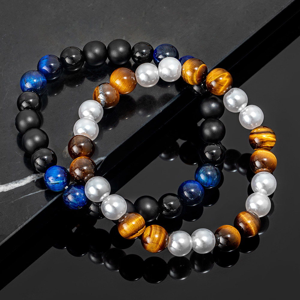 Tiger Eye Stone Black Onyx Pearl Stretch Bracelet With Street Luxury Shine