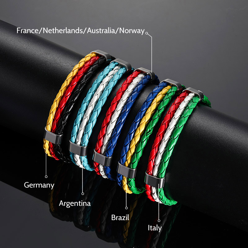 Street Luxury World Cup Soccer National Flag Color Leather Braided Bracelet - Image 3