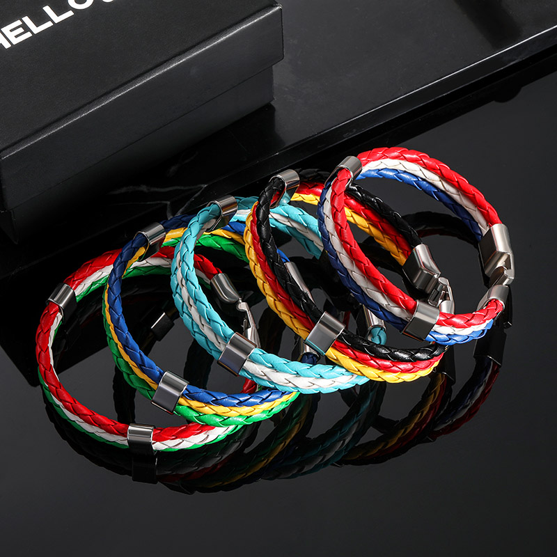 Street Luxury World Cup Soccer National Flag Color Leather Braided Bracelet
