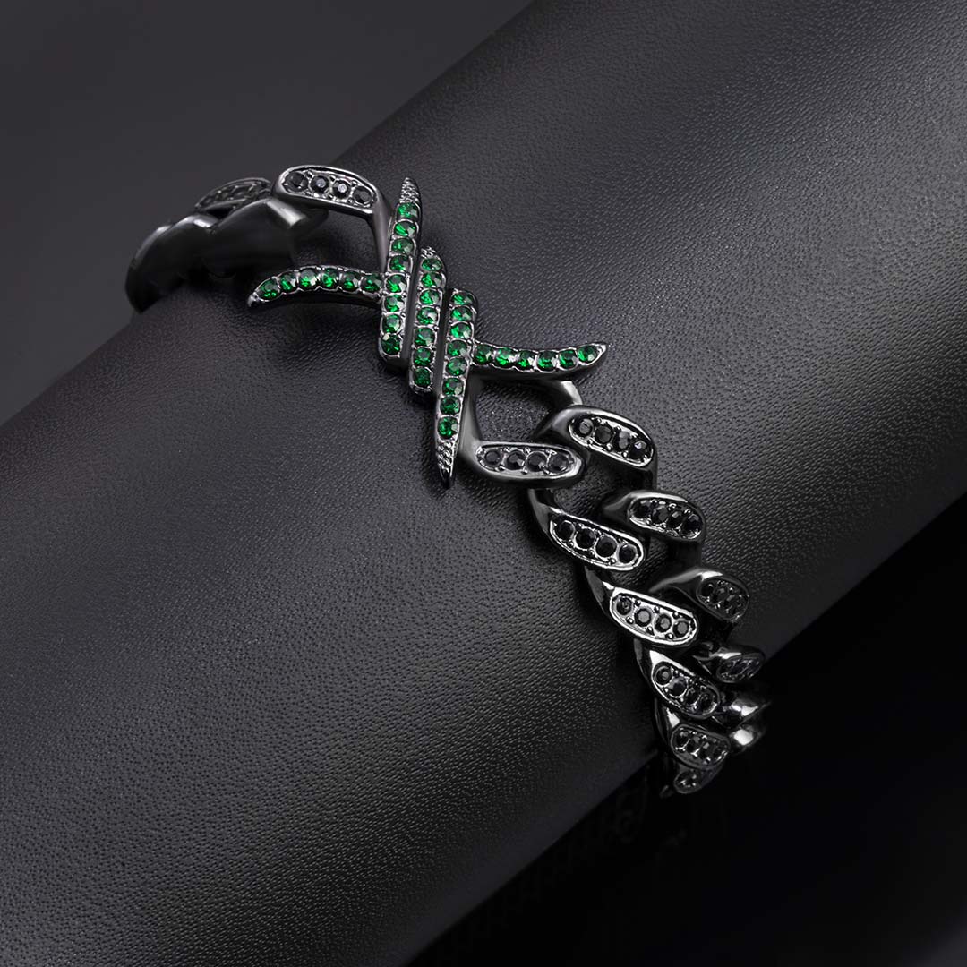 Bold 10mm Emerald & Black Iced Out Cuban Barb Wire Bracelet In Black Gold - Image 3