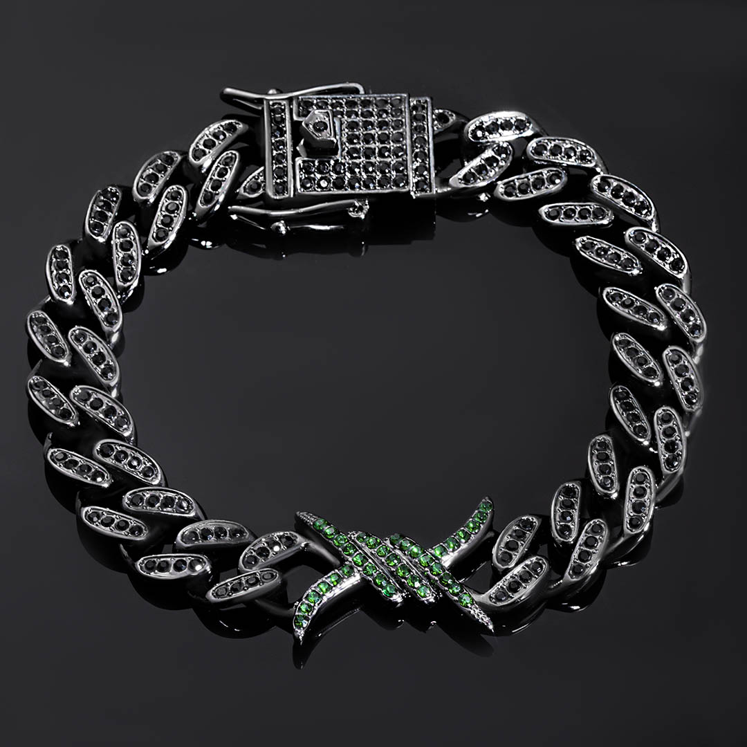 Bold 10mm Emerald & Black Iced Out Cuban Barb Wire Bracelet In Black Gold