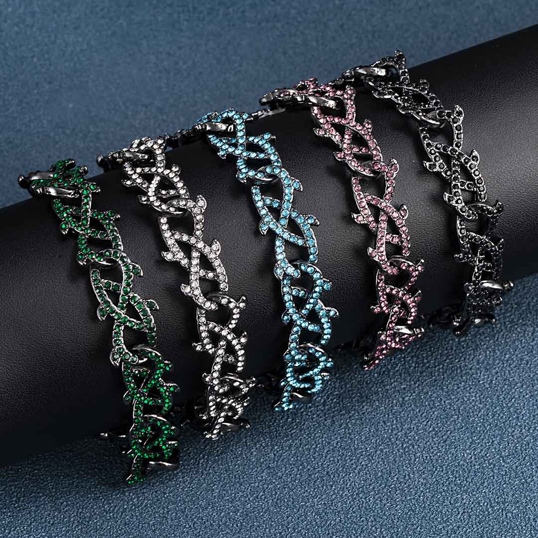 12mm Iced Out Crown Of Thorns Bracelet-emerald/black/blue/purple/white Gold