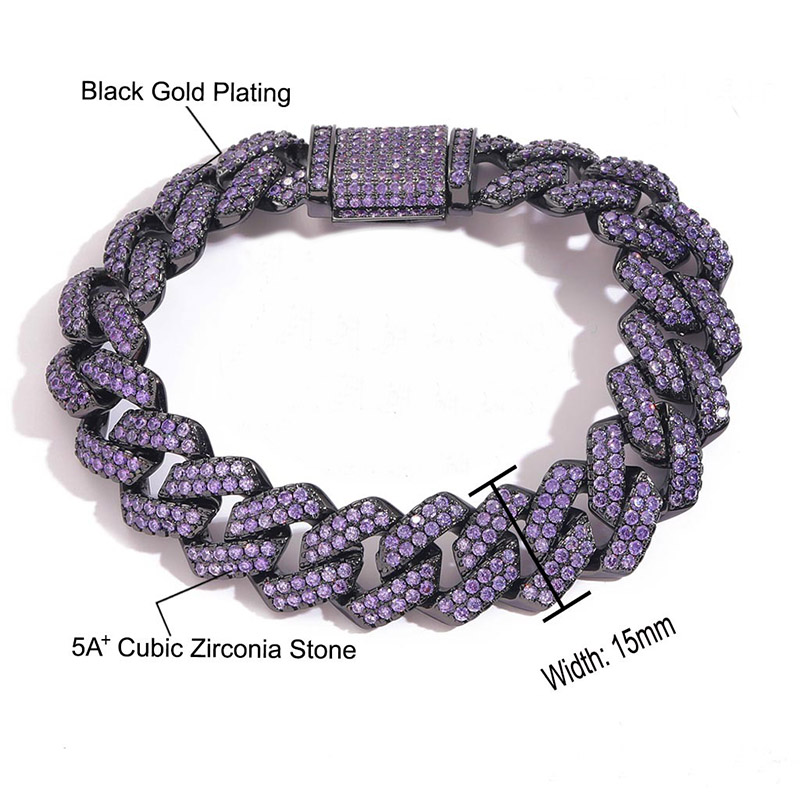 Iced Out 15mm Purple Cuban Link Bracelet In Black Gold With Gold Shine - Image 4