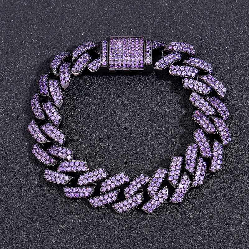 Iced Out 15mm Purple Cuban Link Bracelet In Black Gold With Gold Shine