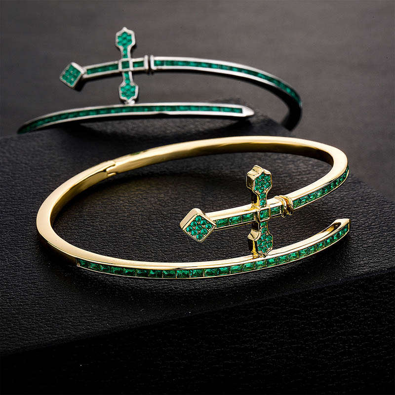 Iced Out Emerald Sword Bangle Bracelet Gold With Street Luxury Shine