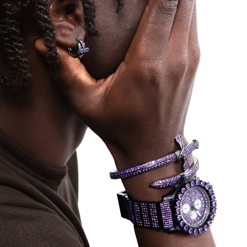 Iced Out Purple Sword Bangle Bracelet In Black Gold With Gold Shine - Image 3