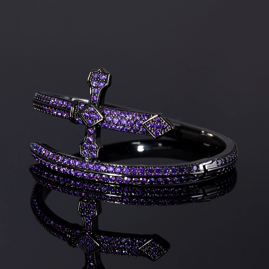 Iced Out Purple Sword Bangle Bracelet In Black Gold With Gold Shine - Image 4