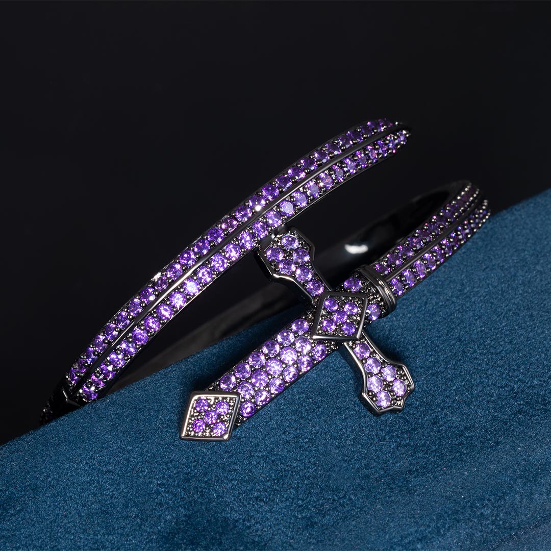 Iced Out Purple Sword Bangle Bracelet In Black Gold With Gold Shine - Image 5