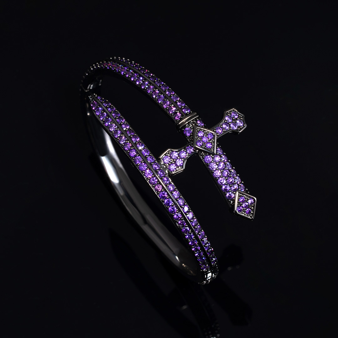 Iced Out Purple Sword Bangle Bracelet In Black Gold With Gold Shine - Image 6