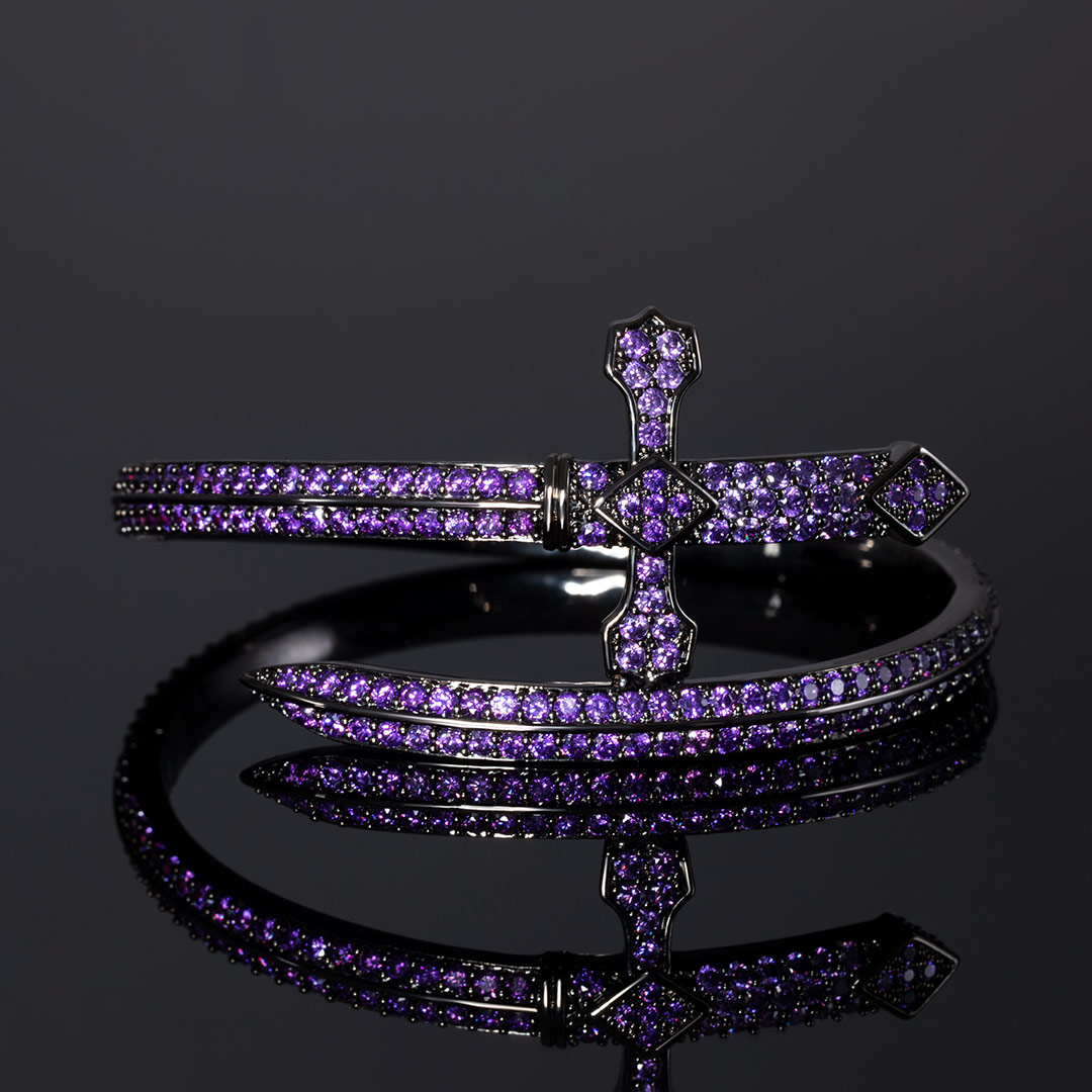Iced Out Purple Sword Bangle Bracelet In Black Gold With Gold Shine