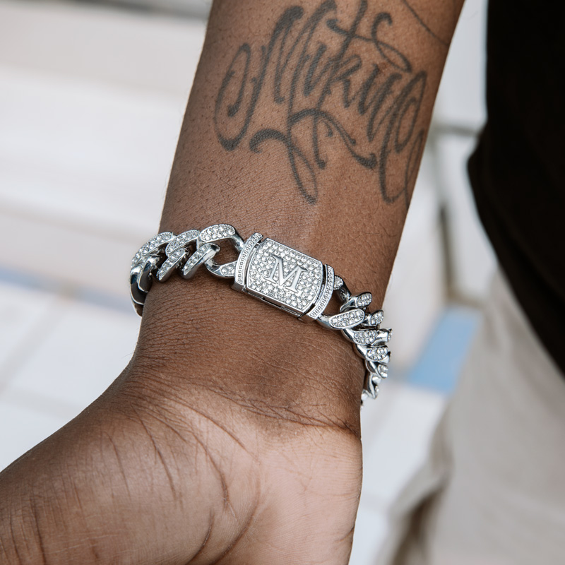 Bold 12mm 8 Initial Letter Iced Out Miami Cuban Bracelet In White Gold - Image 3
