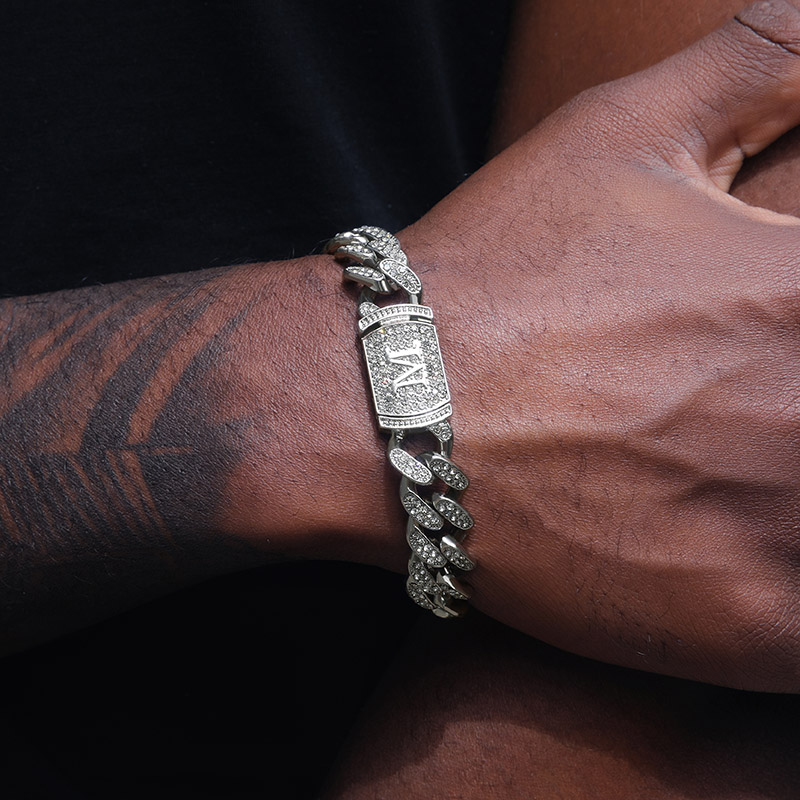 Bold 12mm 8 Initial Letter Iced Out Miami Cuban Bracelet In White Gold - Image 4