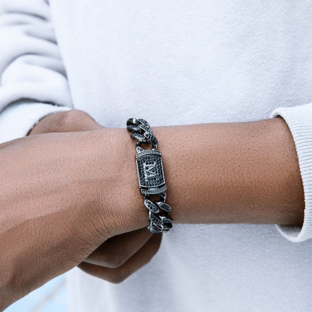 Bold 12mm 8 Initial Letter Iced Out Miami Cuban Bracelet In Black Gold - Image 3
