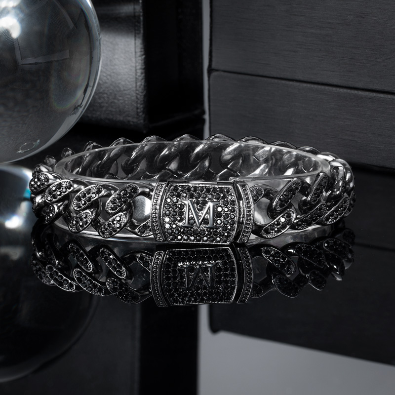 Bold 12mm 8 Initial Letter Iced Out Miami Cuban Bracelet In Black Gold - Image 4