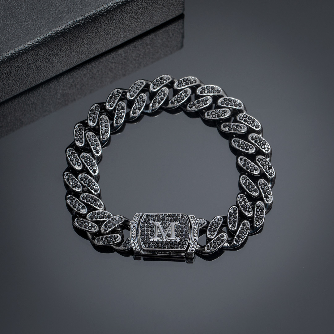 Bold 12mm 8 Initial Letter Iced Out Miami Cuban Bracelet In Black Gold - Image 5