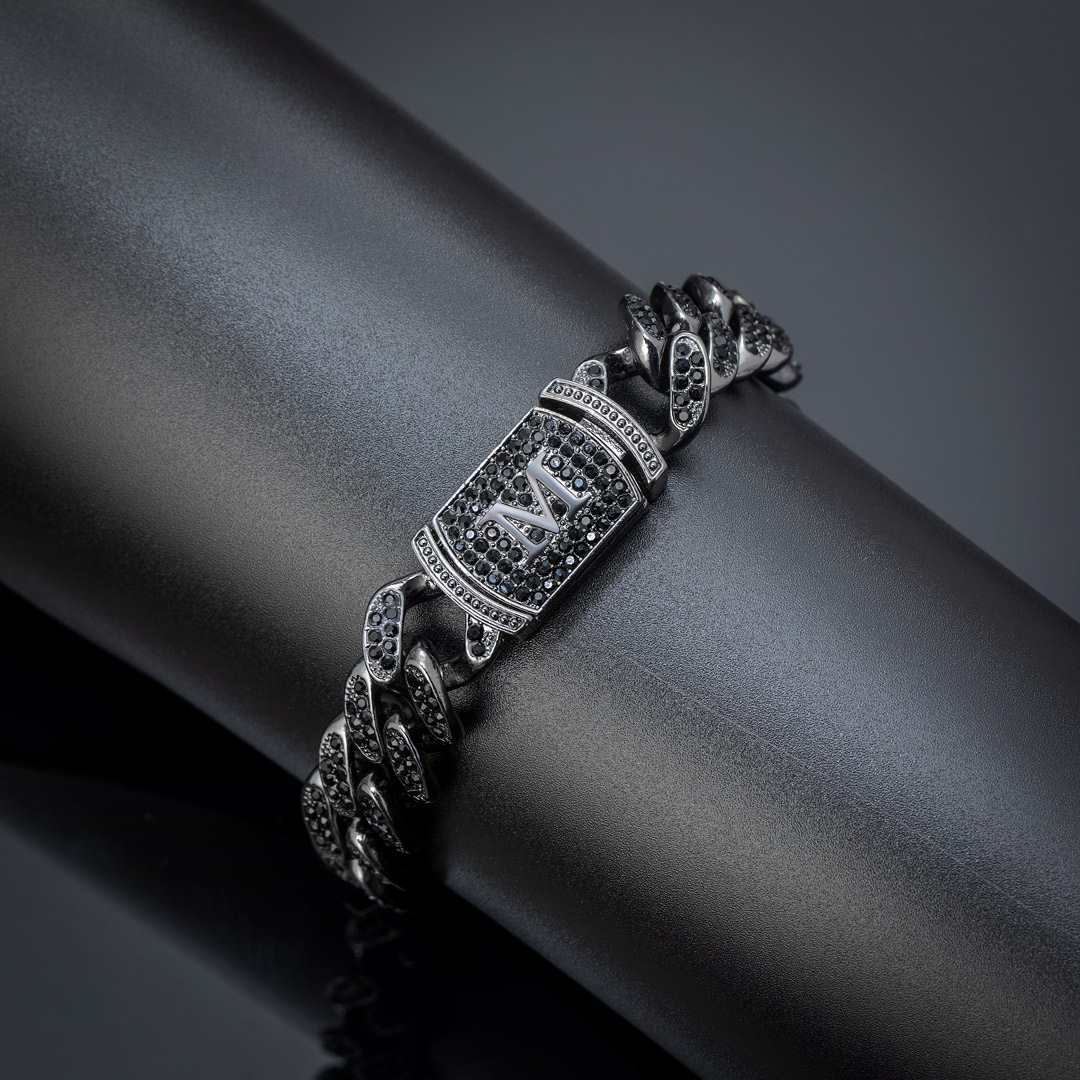 Bold 12mm 8 Initial Letter Iced Out Miami Cuban Bracelet In Black Gold