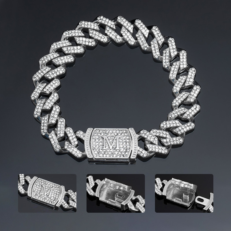 Bold 12mm 8 Initial Letter Iced Out Prong Cuban Bracelet In White Gold - Image 4