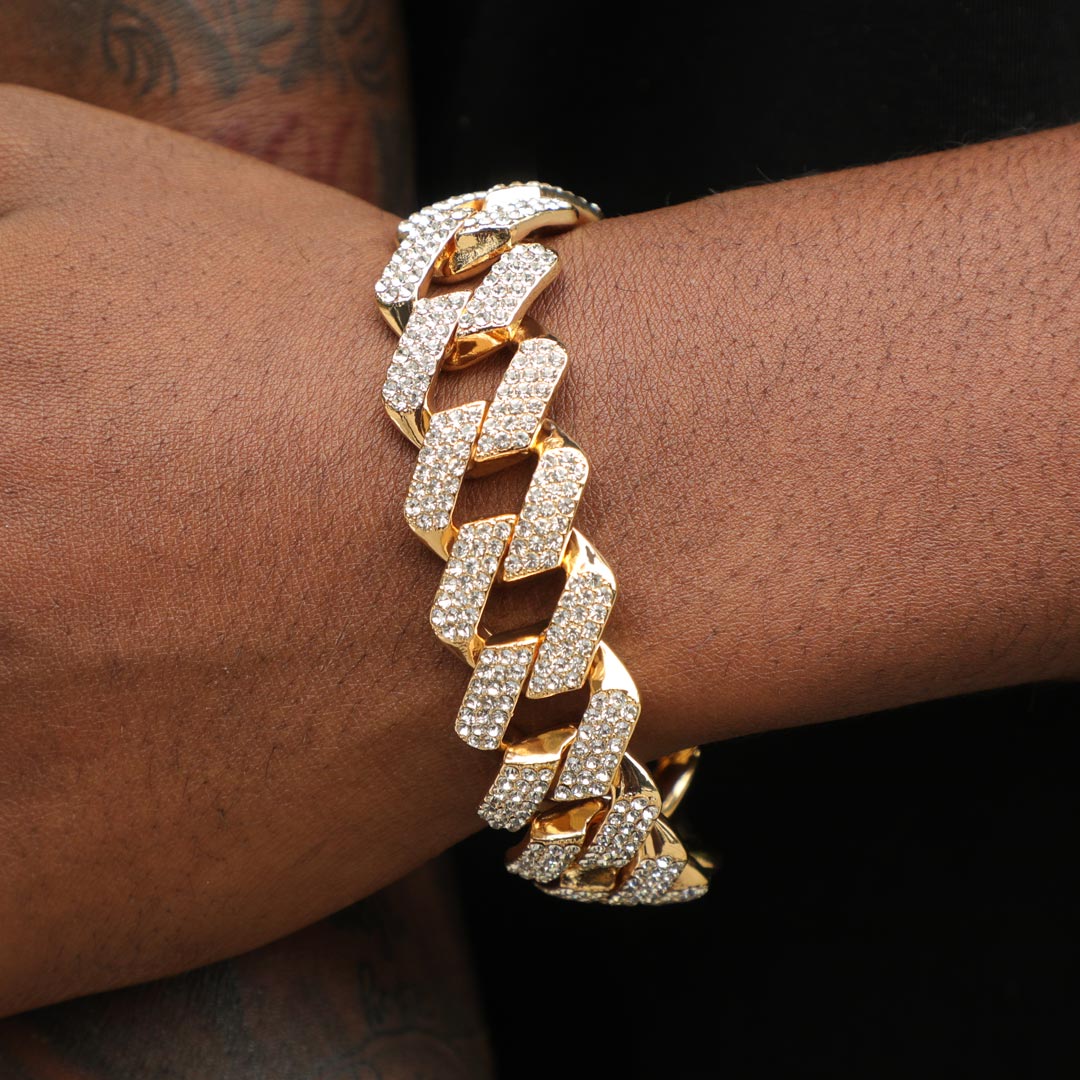 Street Luxury Iced Out 20mm Miami Cuban Bracelet With Big Box Clasp In Gold