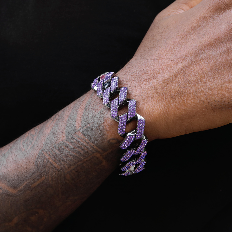 Iced Out Purple 20mm Miami Cuban Bracelet With Big Box Clasp In Black Gold - Image 3