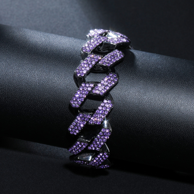 Iced Out Purple 20mm Miami Cuban Bracelet With Big Box Clasp In Black Gold - Image 4