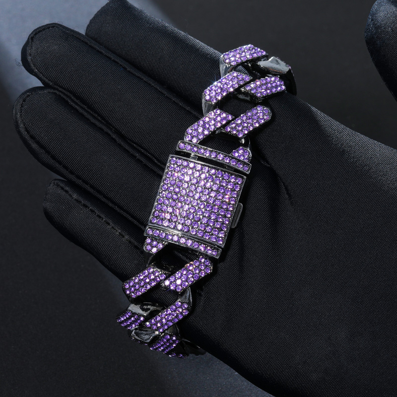 Iced Out Purple 20mm Miami Cuban Bracelet With Big Box Clasp In Black Gold - Image 5