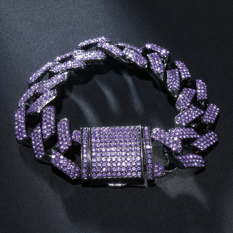Iced Out Purple 20mm Miami Cuban Bracelet With Big Box Clasp In Black Gold - Image 6