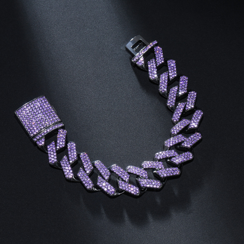 Iced Out Purple 20mm Miami Cuban Bracelet With Big Box Clasp In Black Gold