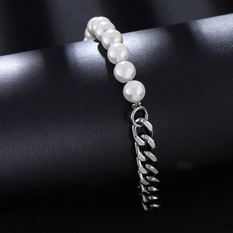 Half Pearl And Steel Cuban Bracelet Bold Statement Style With Street Luxury - Image 4