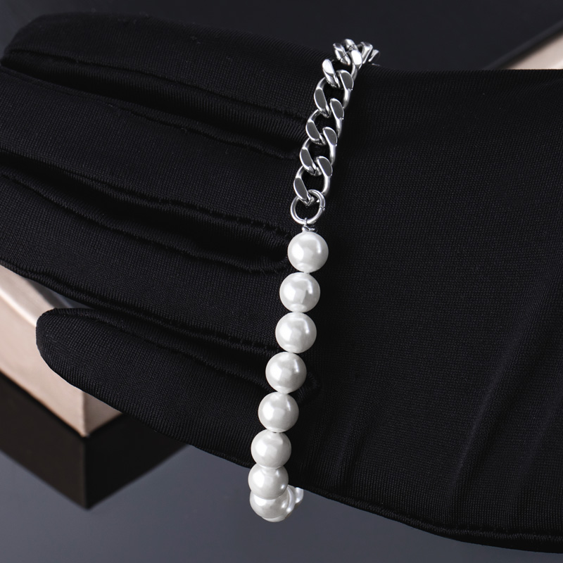 Half Pearl And Steel Cuban Bracelet Bold Statement Style With Street Luxury - Image 5