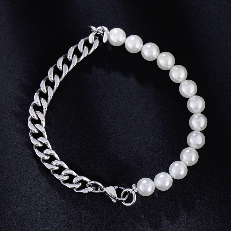 Half Pearl And Steel Cuban Bracelet Bold Statement Style With Street Luxury - Image 6