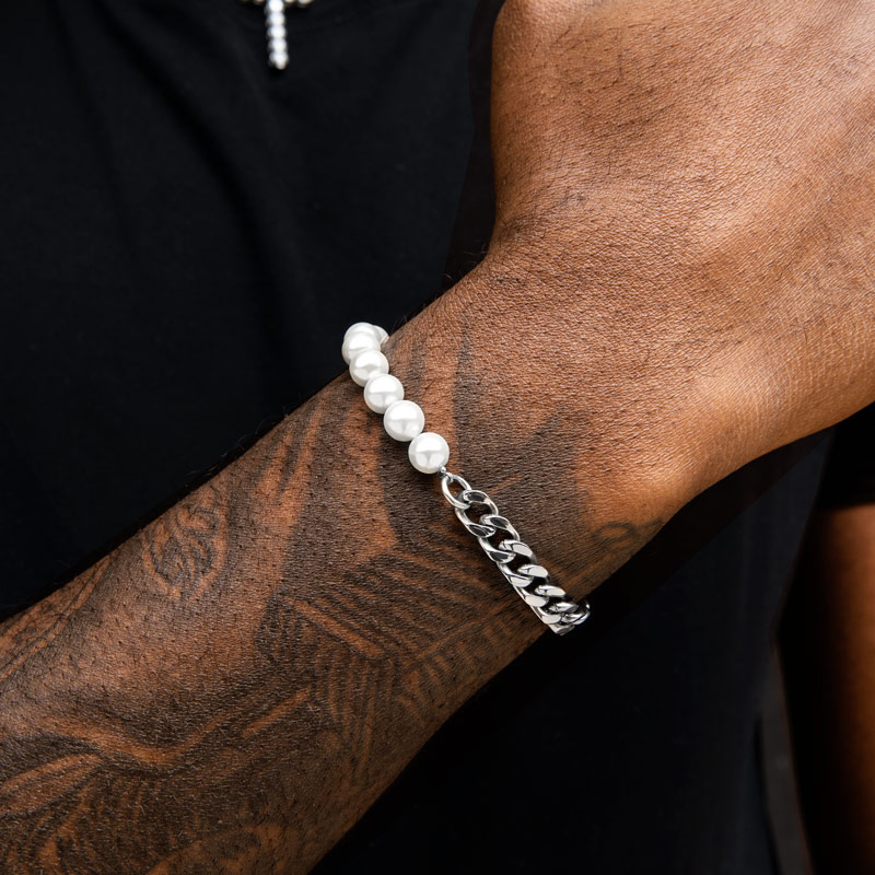 Half Pearl And Steel Cuban Bracelet Bold Statement Style With Street Luxury