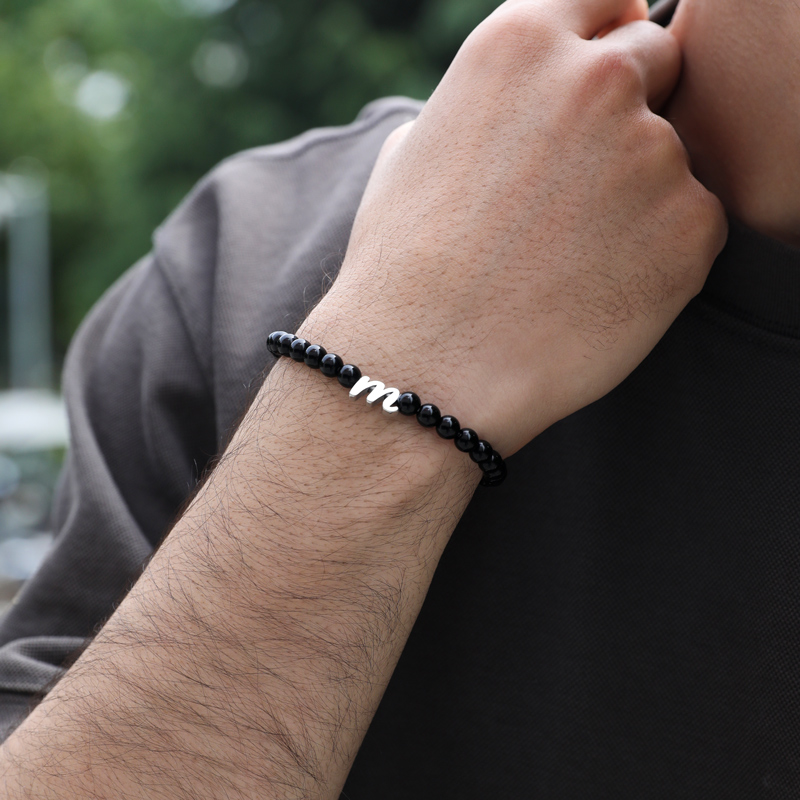 Black Obsidian Lowercase Letters Stretch Bracelet With Street Luxury Shine - Image 3