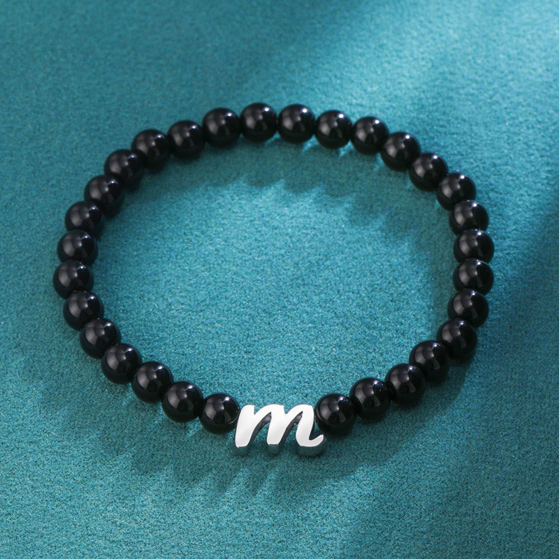 Black Obsidian Lowercase Letters Stretch Bracelet With Street Luxury Shine - Image 4