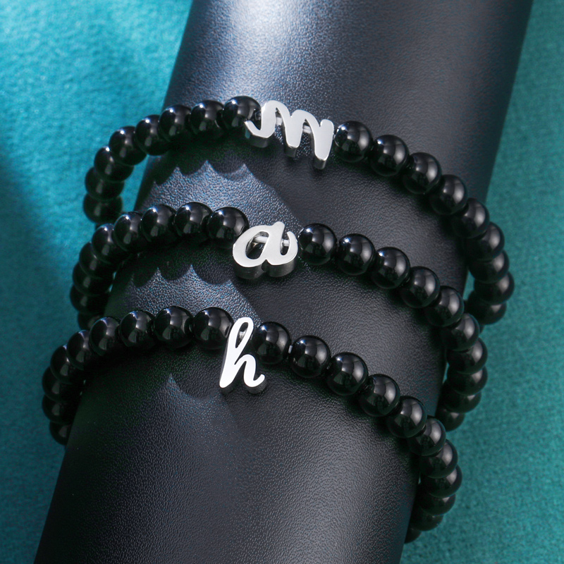 Black Obsidian Lowercase Letters Stretch Bracelet With Street Luxury Shine