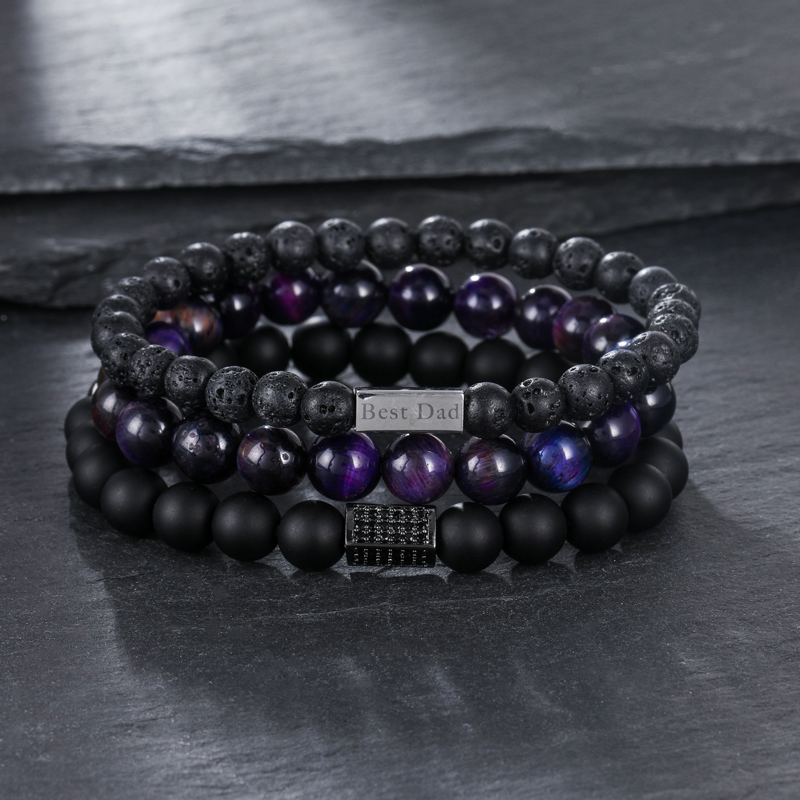 3pcs Personalized Engraved Black Frosted Tiger Eye Volcanic Beads Bracelet - Image 3