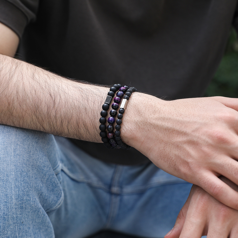 3pcs Personalized Engraved Black Frosted Tiger Eye Volcanic Beads Bracelet - Image 4
