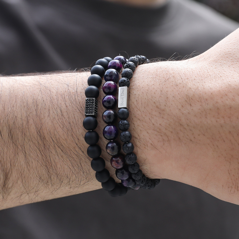 3pcs Personalized Engraved Black Frosted Tiger Eye Volcanic Beads Bracelet