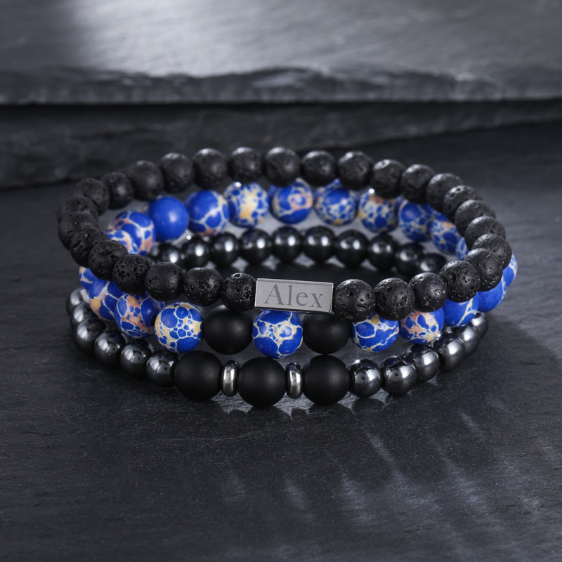 3pcs Personalized Engraved Turquoise Beads Bracelet With Bold Premium Edge - Image 3