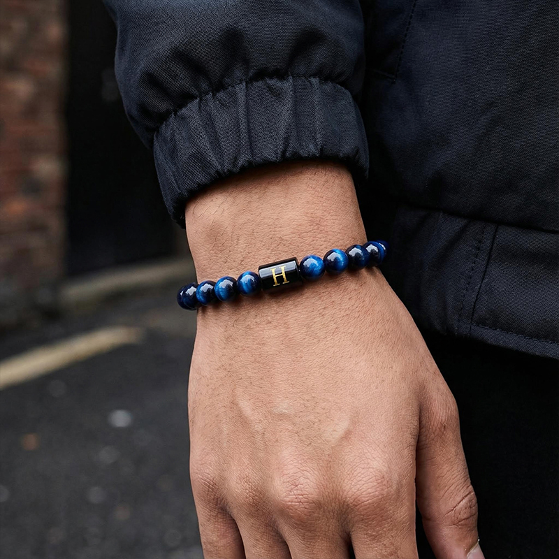 Street Luxury 26 Initial Letter Blue Tiger Eye Stone Braided Bracelet - Image 3