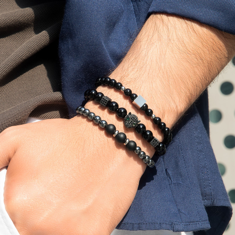 3pcs Iced Out Panther Black Obsidian Beaded Stretch Bracelet Silver