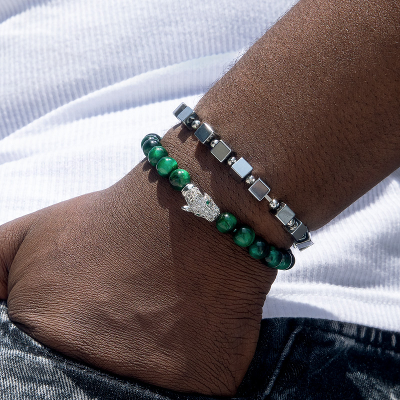 Street Luxury 2pcs Iced Out Panther Green Tiger Eye Beaded Stretch Bracelet