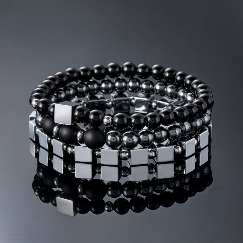 3pcs Square Steel Beads Obsidian Black Gallstone Beaded Stretch Bracelet - Image 3