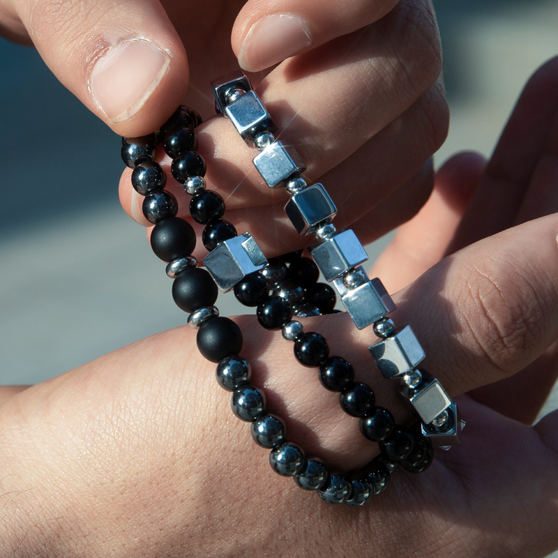 3pcs Square Steel Beads Obsidian Black Gallstone Beaded Stretch Bracelet - Image 4