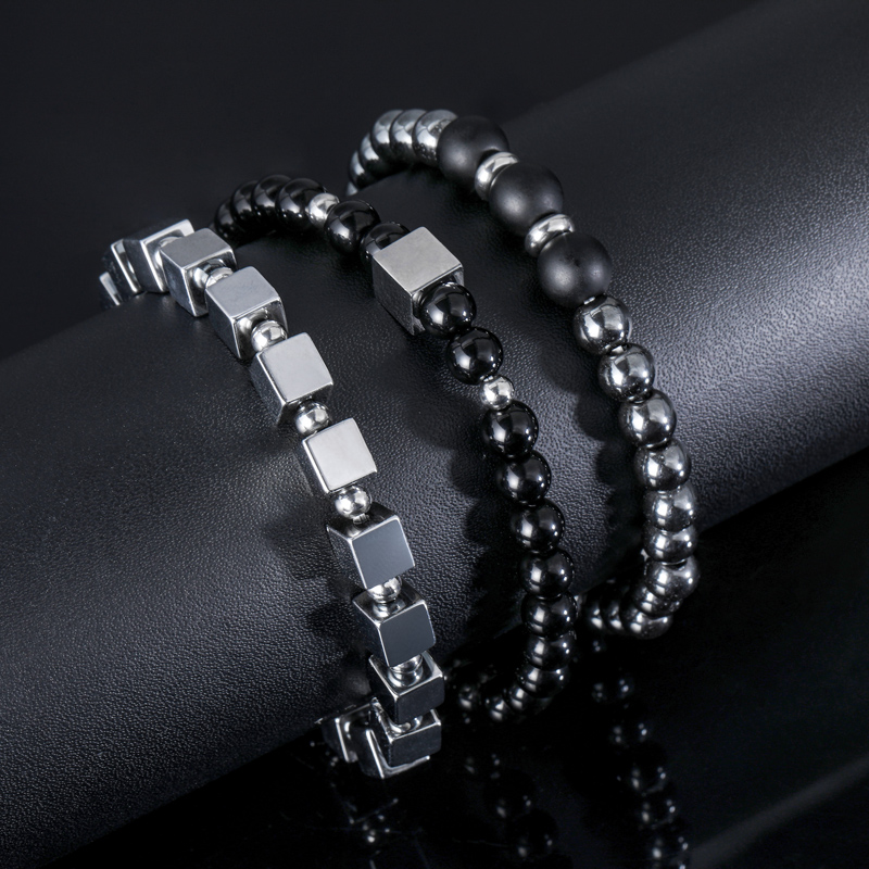 3pcs Square Steel Beads Obsidian Black Gallstone Beaded Stretch Bracelet - Image 5