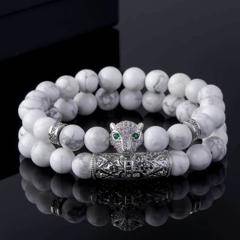2pcs Iced Out Panther White Turquoise Beaded Stretch Bracelet Silver - Image 3