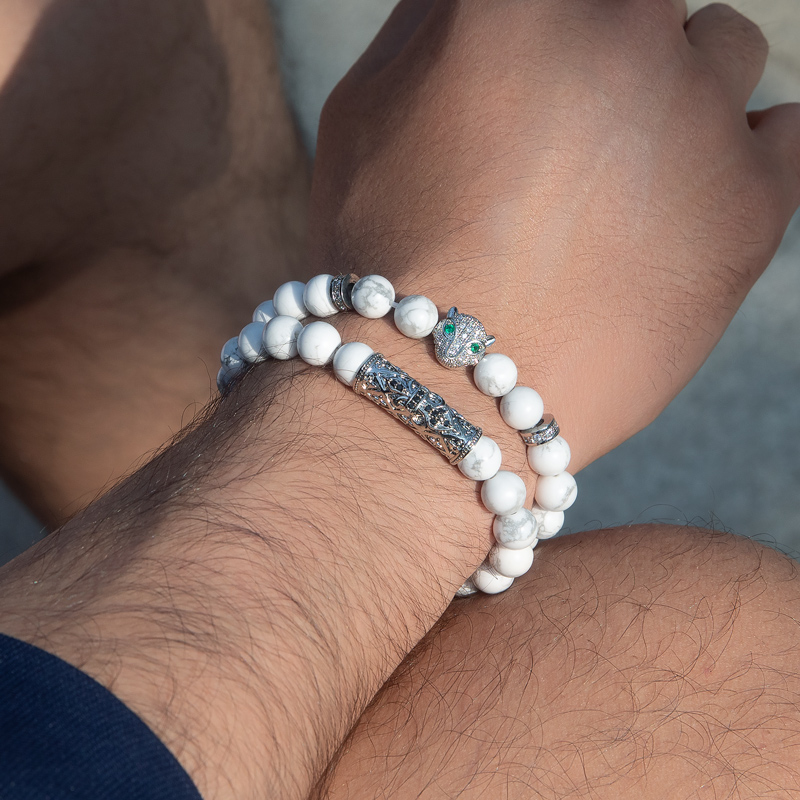 2pcs Iced Out Panther White Turquoise Beaded Stretch Bracelet Silver - Image 4
