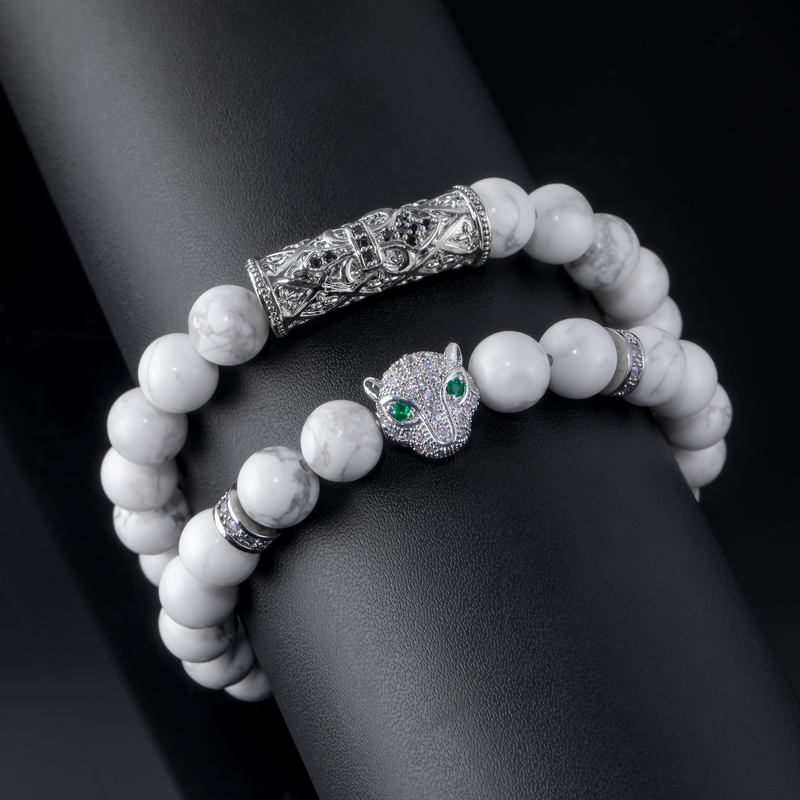 2pcs Iced Out Panther White Turquoise Beaded Stretch Bracelet Silver - Image 5