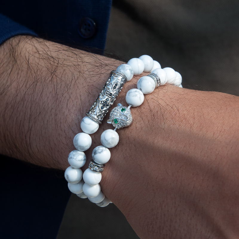 2pcs Iced Out Panther White Turquoise Beaded Stretch Bracelet Silver