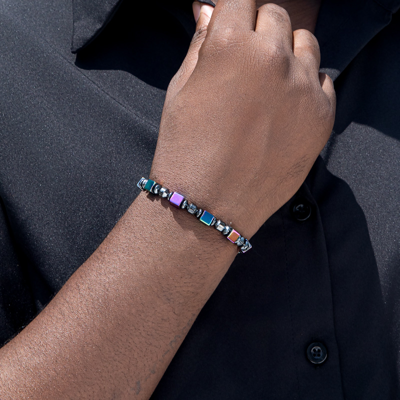 Rainbow Square Black Gallstone Beads Stretch Bracelet Silver - Image 3